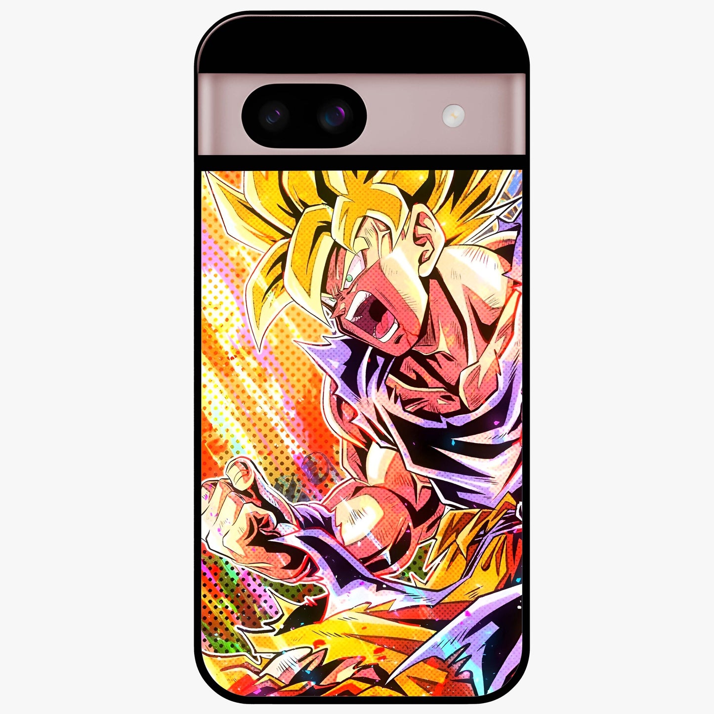 Firing Goku Glass Case showing flat back view with powerful anime inspired artwork and glossy glass finish.