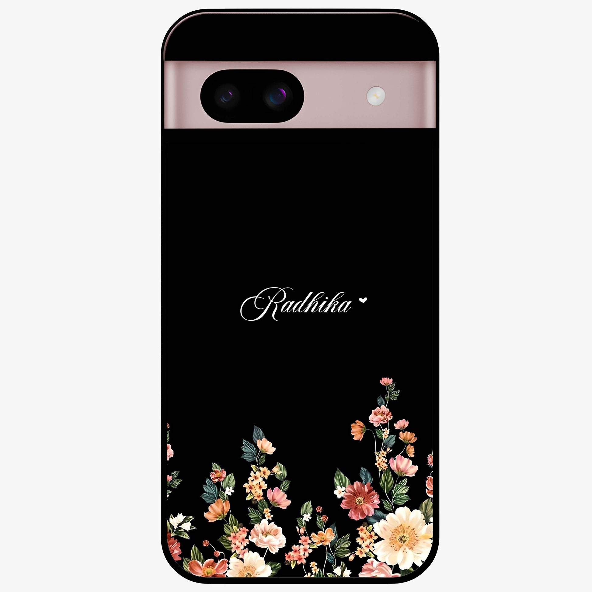 Floral Design With a Custom Personalized Name Glass Case showing flat back view with floral artwork and personalized name design.