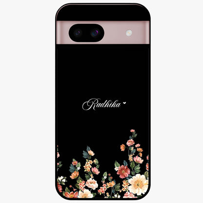 Floral Design With a Custom Personalized Name Glass Case showing flat back view with floral artwork and personalized name design.