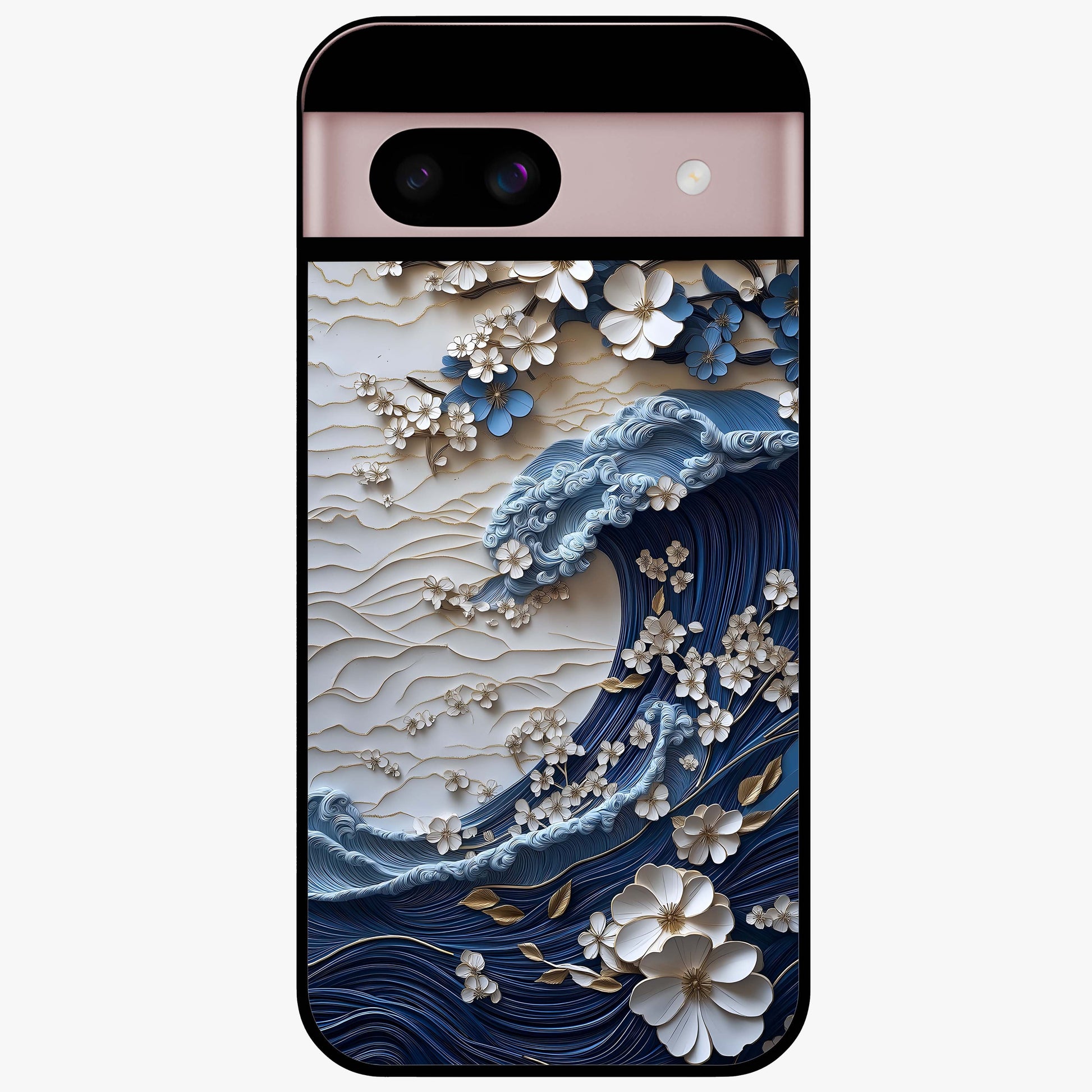 Floral Wave Origami Glass Case showing flat back view with origami inspired floral wave artwork and glossy glass finish.