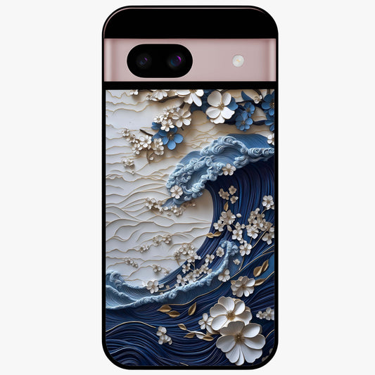 Floral Wave Origami Glass Case showing flat back view with origami inspired floral wave artwork and glossy glass finish.