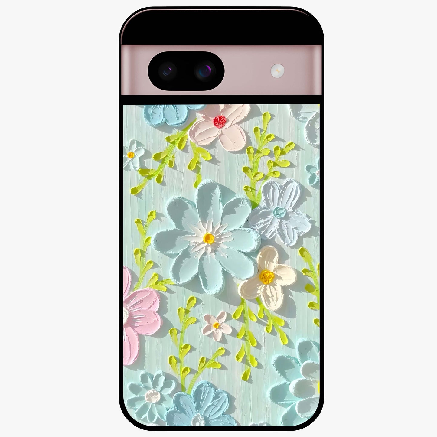 Frosted Petal Garden Glass Case showing flat back view with soft frosted floral artwork and glossy glass finish.