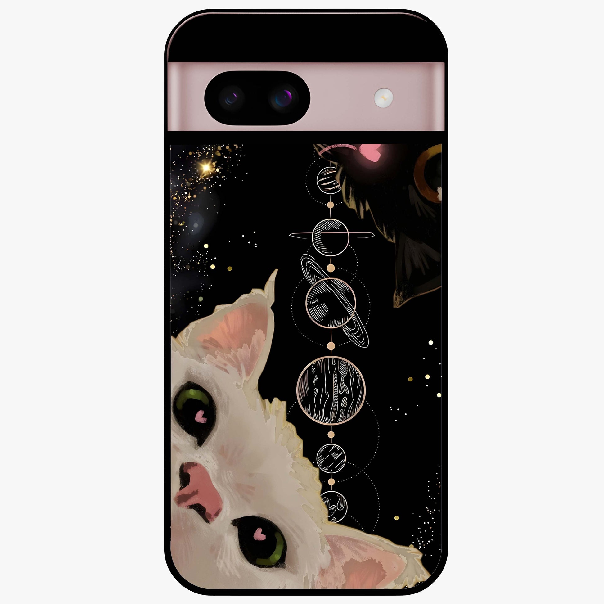 Galactic Cat Glass Case showing flat back view with cosmic cat artwork and glossy glass finish.