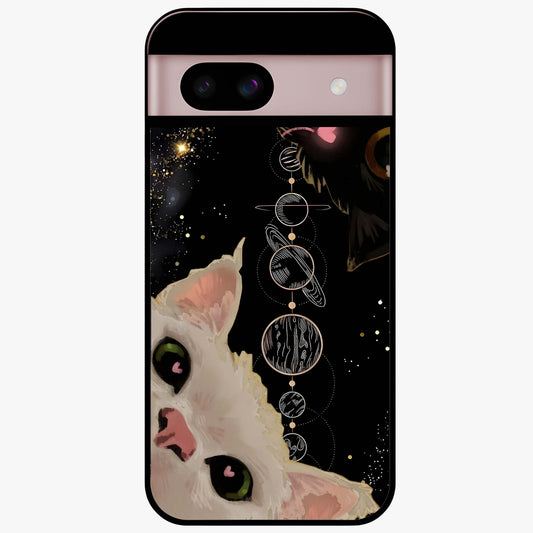 Galactic Cat Glass Case showing flat back view with cosmic cat artwork and glossy glass finish.