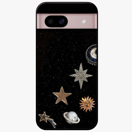 Galactic Charm Glow Glass Case showing flat back view with glowing celestial charm artwork and glossy glass finish.