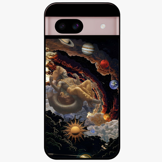 Galactic Divine God Glass Case showing flat back view with divine cosmic themed artwork and glossy glass finish.