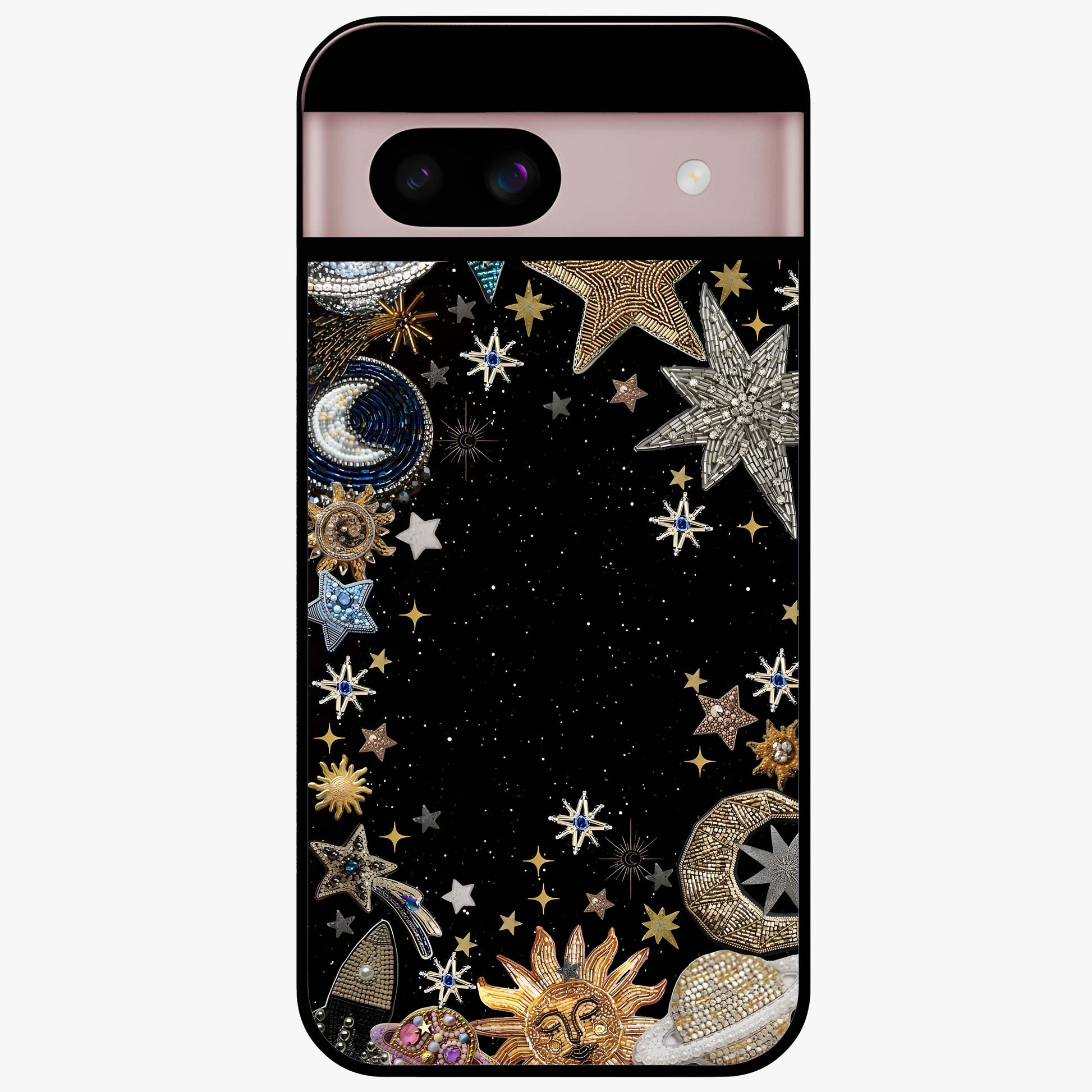 Galactic Jewel Stars Glass Case showing flat back view with sparkling star jewel artwork and glossy glass finish.