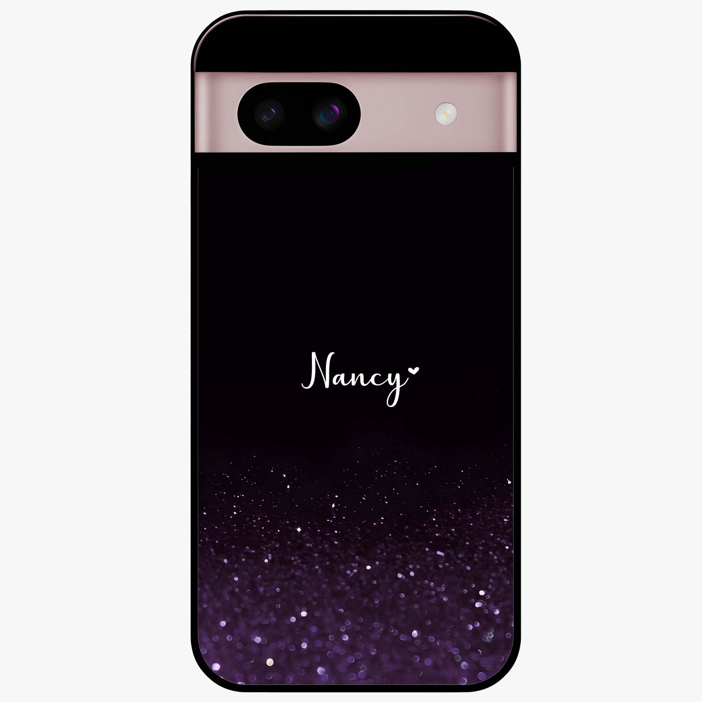 Glittery Purple Bokeh Custom Name Glass Case showing flat back view with purple bokeh sparkle artwork and personalized name design.