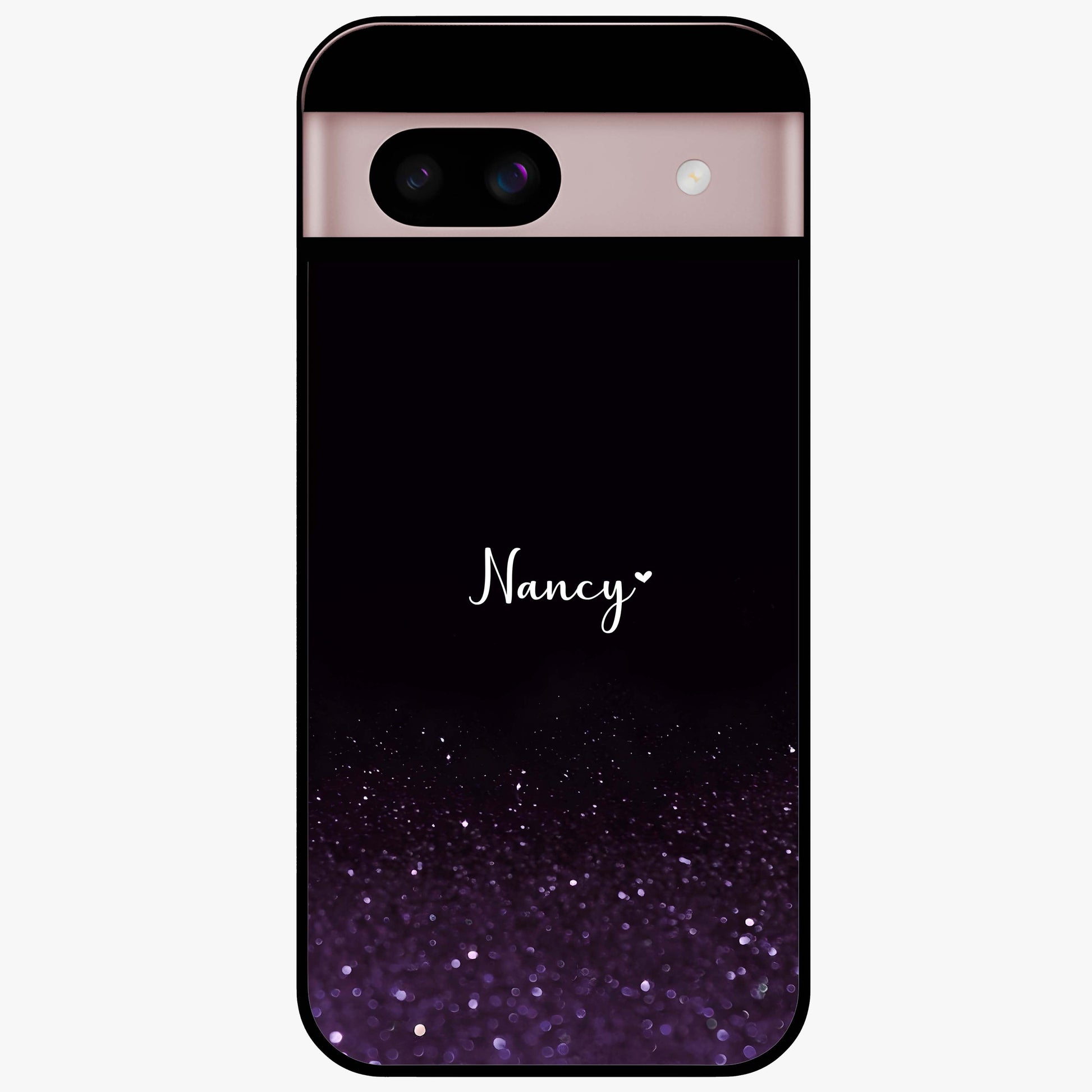 Glittery Purple Bokeh Custom Name Glass Case showing flat back view with purple bokeh sparkle artwork and personalized name design.