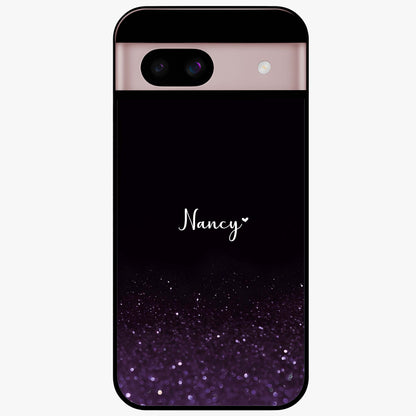 Glittery Purple Bokeh Custom Name Glass Case showing flat back view with purple bokeh sparkle artwork and personalized name design.