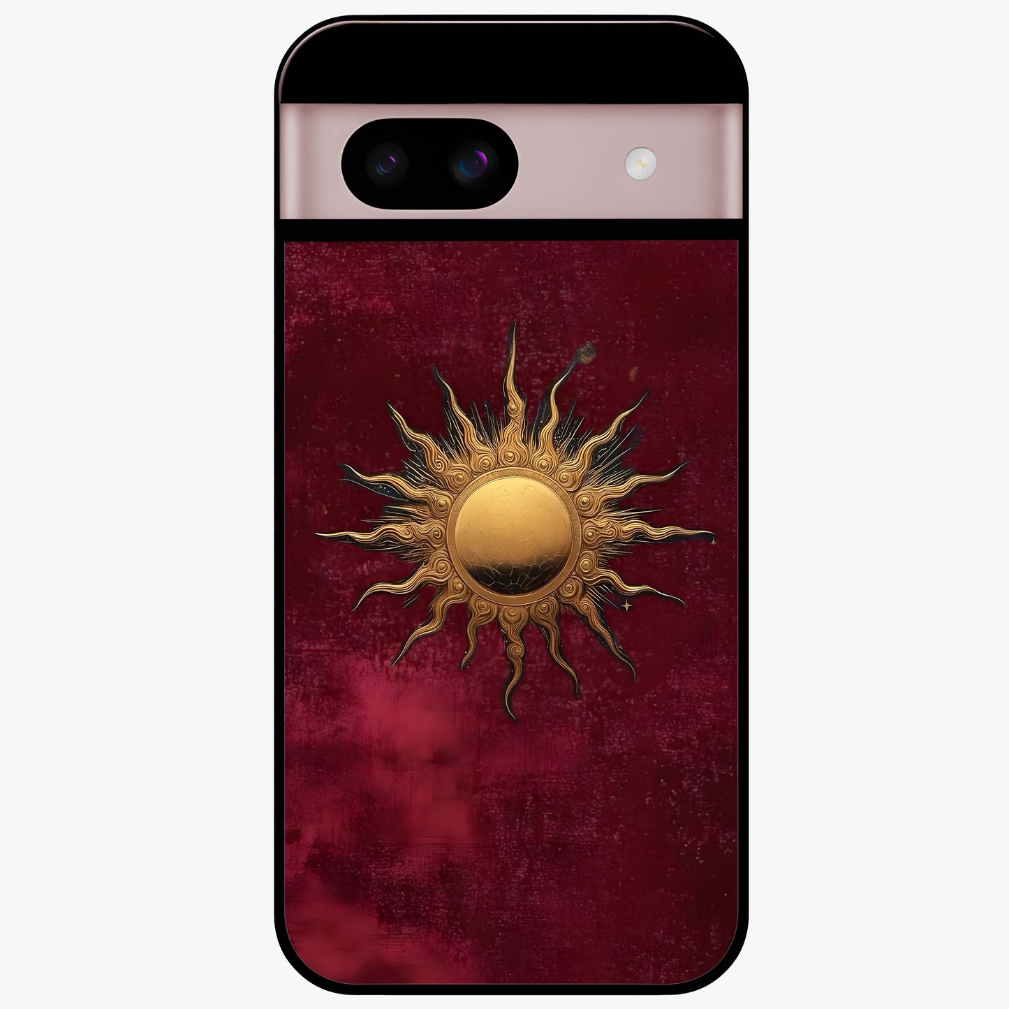 Gold Sun Blush Glass Case showing flat back view with golden sun inspired artwork and glossy glass finish.