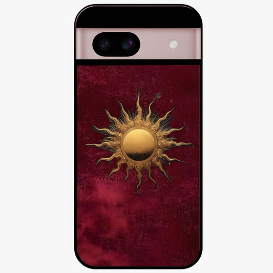 Gold Sun Blush Glass Case showing flat back view with golden sun inspired artwork and glossy glass finish.