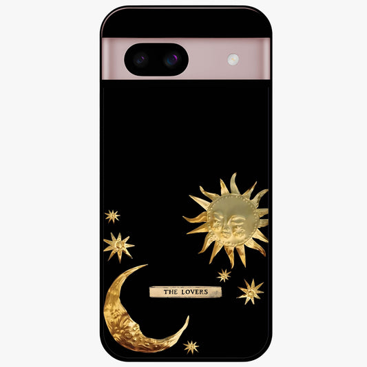 Golden Celestial Charm Glass Case showing flat back view with golden celestial charm artwork and glossy glass finish.