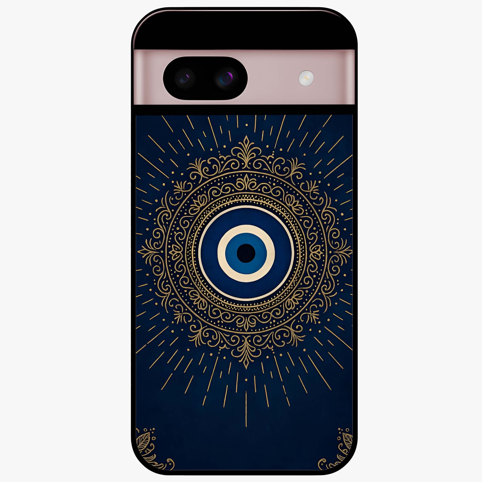 Golden Evil Eye Mandala Glass Case showing flat back view with intricate evil eye mandala artwork and glossy glass finish.