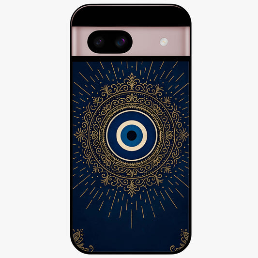 Golden Evil Eye Mandala Glass Case showing flat back view with intricate evil eye mandala artwork and glossy glass finish.