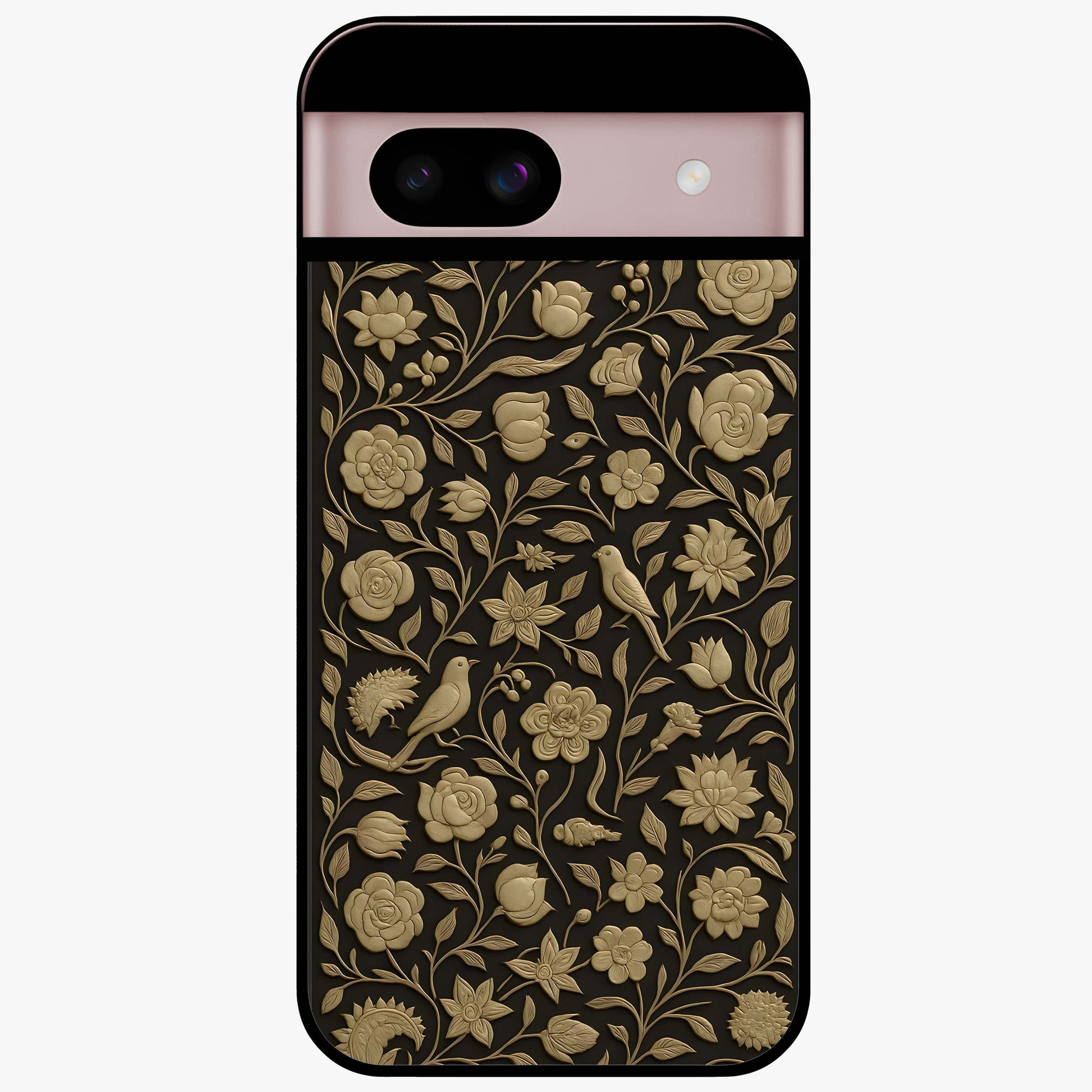 Golden Floral Majesty Glass Case showing flat back view with luxurious golden floral artwork and glossy glass finish.