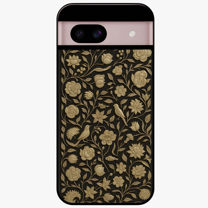 Golden Floral Majesty Glass Case showing flat back view with luxurious golden floral artwork and glossy glass finish.