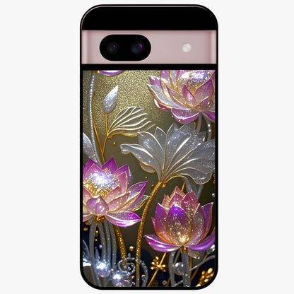 Golden Lotus Glow Glass Case showing flat back view with glowing lotus flower artwork and glossy glass finish.