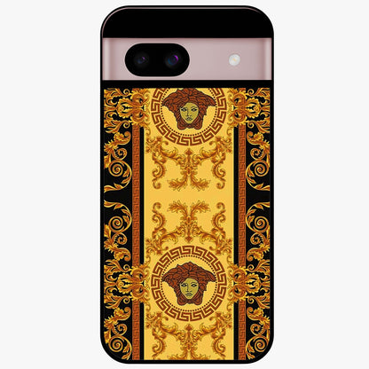Golden Royal Heritage Glass Case showing flat back view with ornate royal pattern artwork and glossy glass finish.