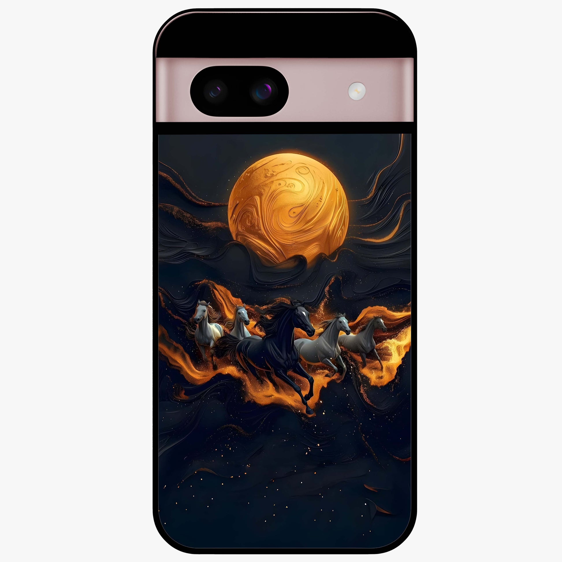 Golden Stallion Moonride Glass Case showing flat back view with majestic horse under moonlight artwork and glossy glass finish.