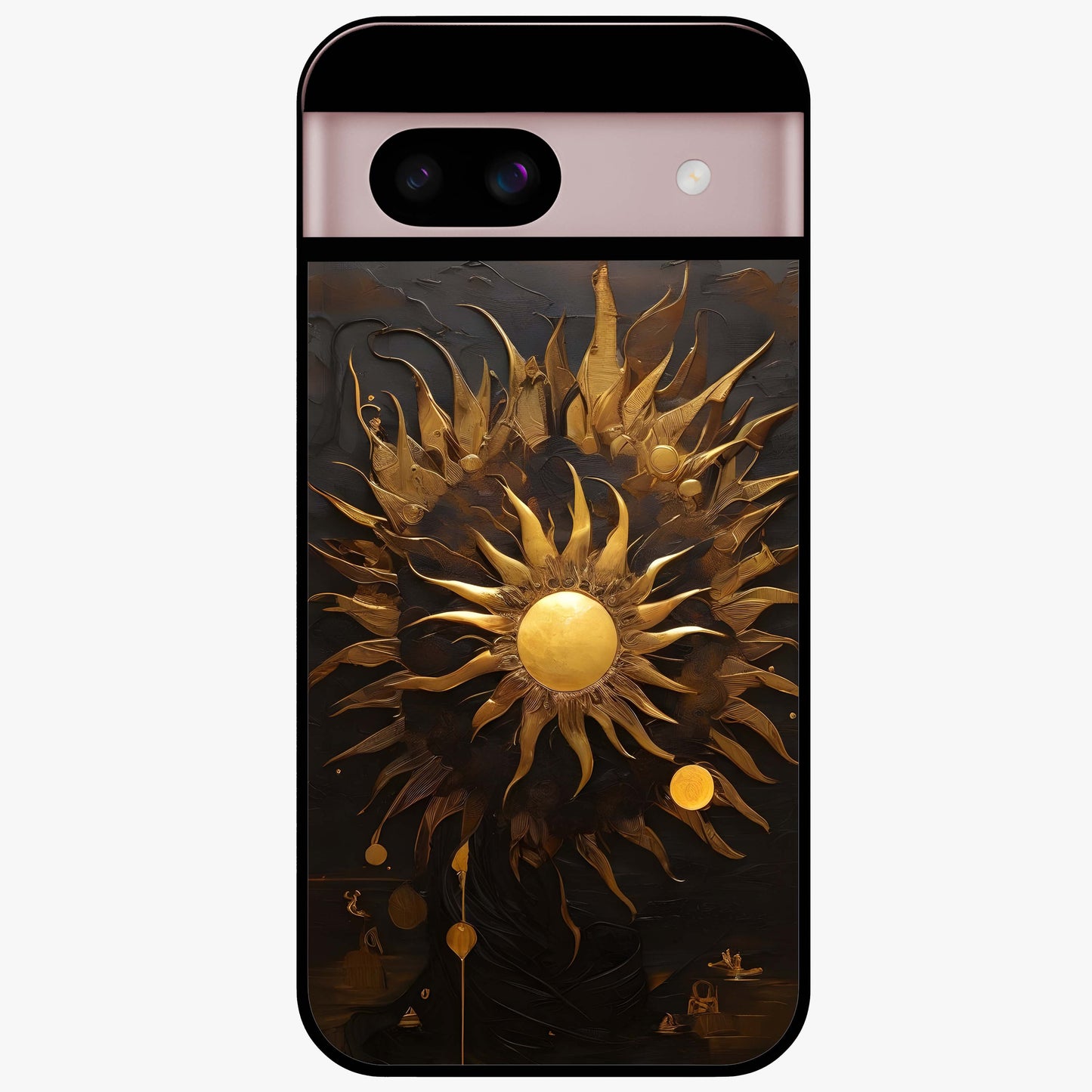 Golden Sun Majesty Glass Case showing flat back view with radiant golden sun artwork and glossy glass finish.