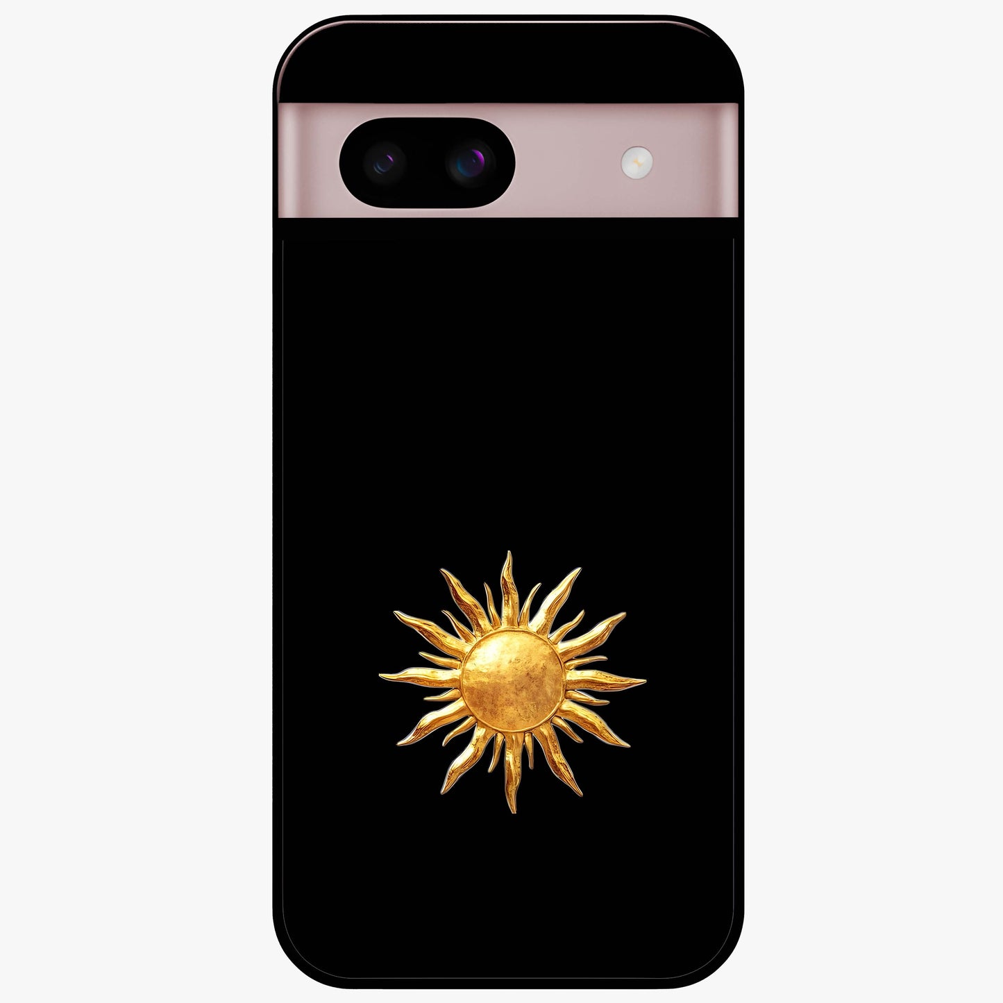 Golden Sun Minimalism Glass Case showing flat back view with minimal golden sun artwork and glossy glass finish.