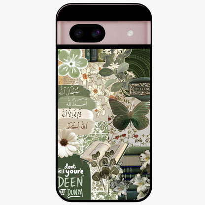 Green Islamic Books Quotes Glass Case showing flat back view with Islamic quotes and book themed artwork and glossy glass finish.