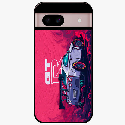 GT-R Car Pattern Glass Case showing flat back view with sporty car inspired pattern artwork and glossy glass finish.