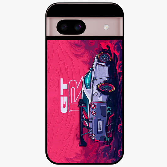 GT-R Car Pattern Glass Case showing flat back view with sporty car inspired pattern artwork and glossy glass finish.