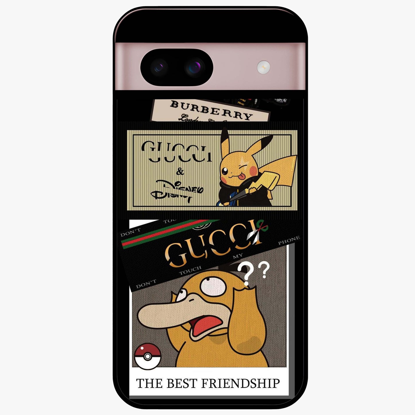 Gucci Play Mashup Glass Case showing flat back view with luxury inspired graphic artwork and glossy glass finish.