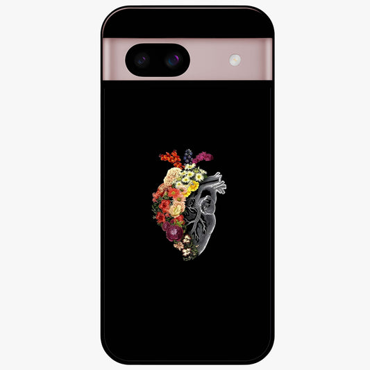 Heart With Flowers Glass Case showing flat back view with heart shaped floral artwork and glossy glass finish.