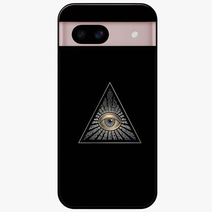 Illuminati Evil Glass Case showing flat back view with mysterious illuminati symbol artwork and glossy glass finish.