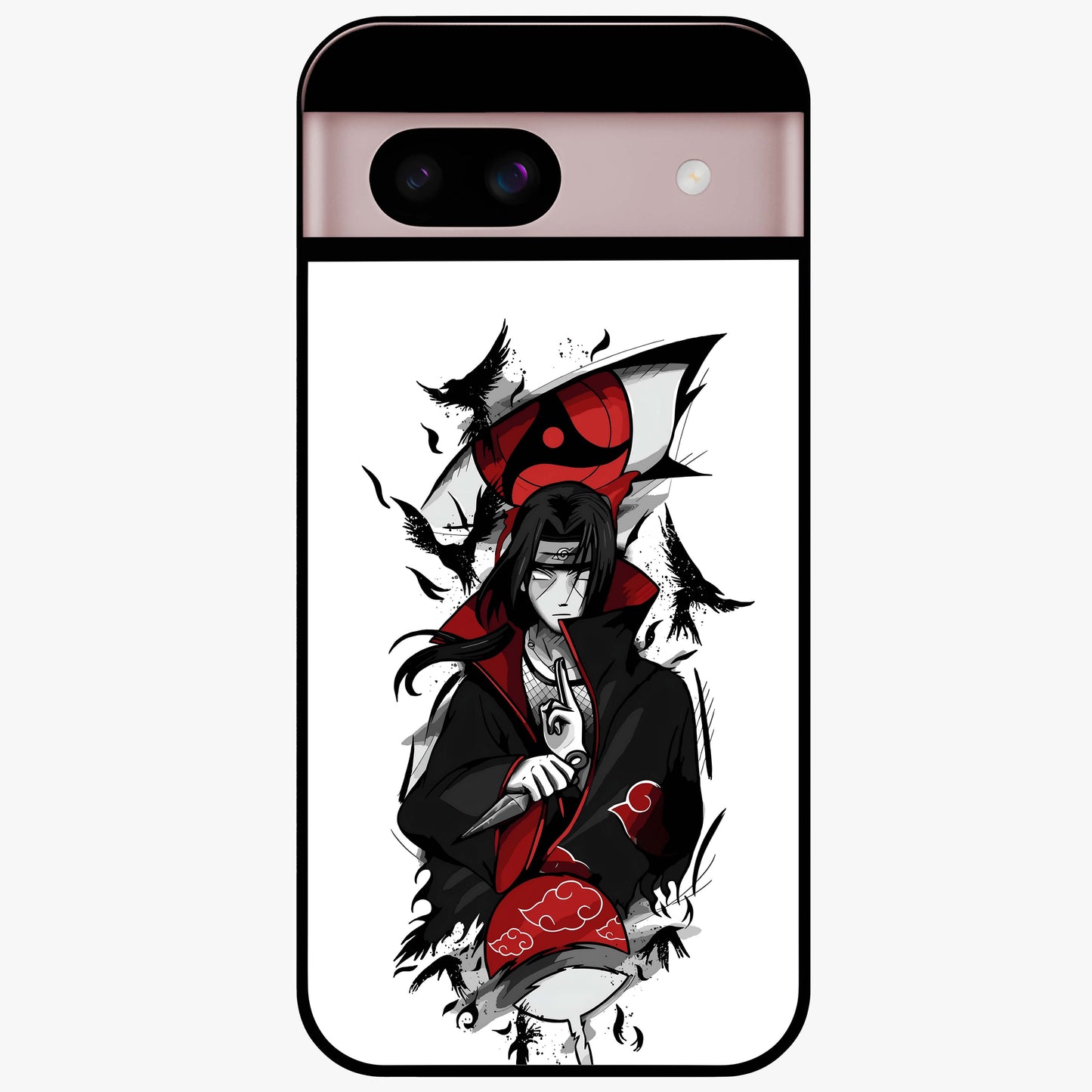 Itachi Sharingan Glass Case showing flat back view with powerful anime eye artwork and glossy glass finish.
