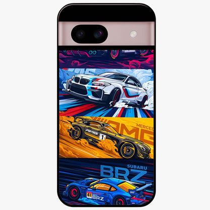 JDM Sports Car Glass Case showing flat back view with high performance sports car artwork and glossy glass finish.