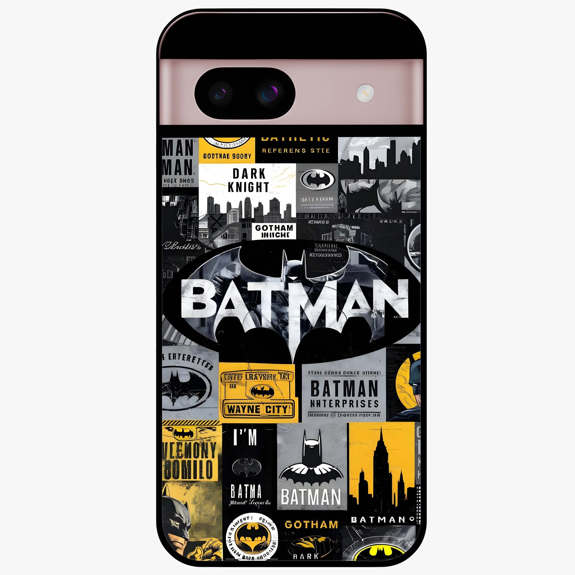 Knight Gotham Rise Glass Case showing flat back view with dark hero inspired artwork and glossy glass finish.