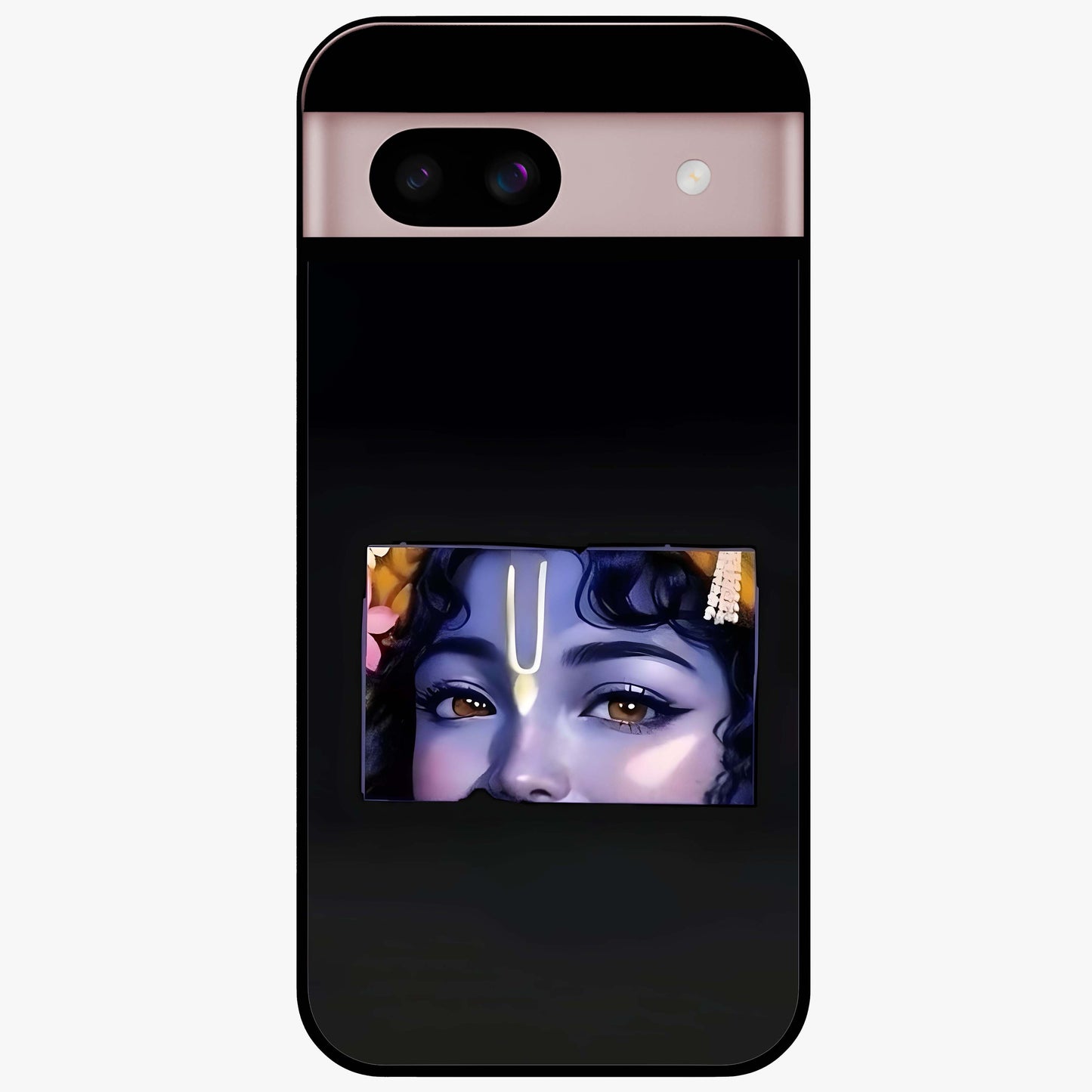Krishna Divine Embrace Glass Case showing flat back view with Lord Krishna devotional artwork and glossy glass finish.