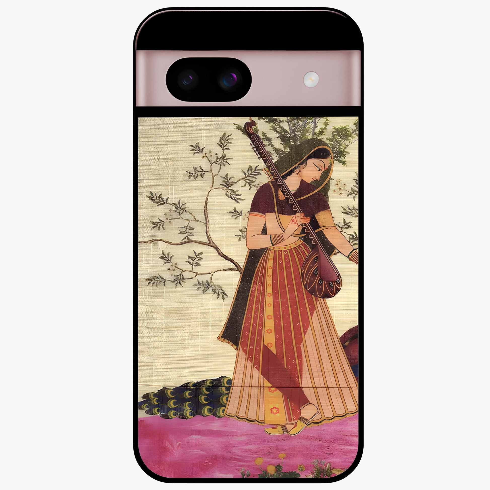 Lady With Veena Art Glass Case showing flat back view with elegant woman playing veena artwork and glossy glass finish.