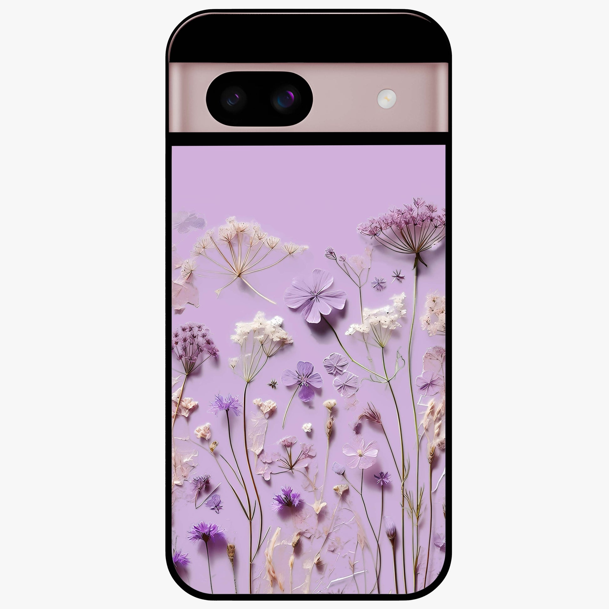 Lavender Blossom Dream Glass Case showing flat back view with soft lavender floral artwork and glossy glass finish.