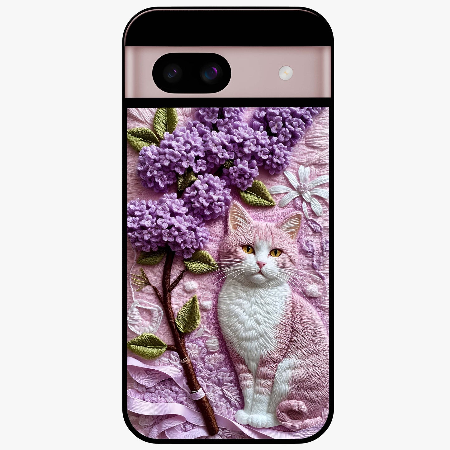 Lavender Cat Whimsy Glass Case showing flat back view with cute lavender cat artwork and glossy glass finish.