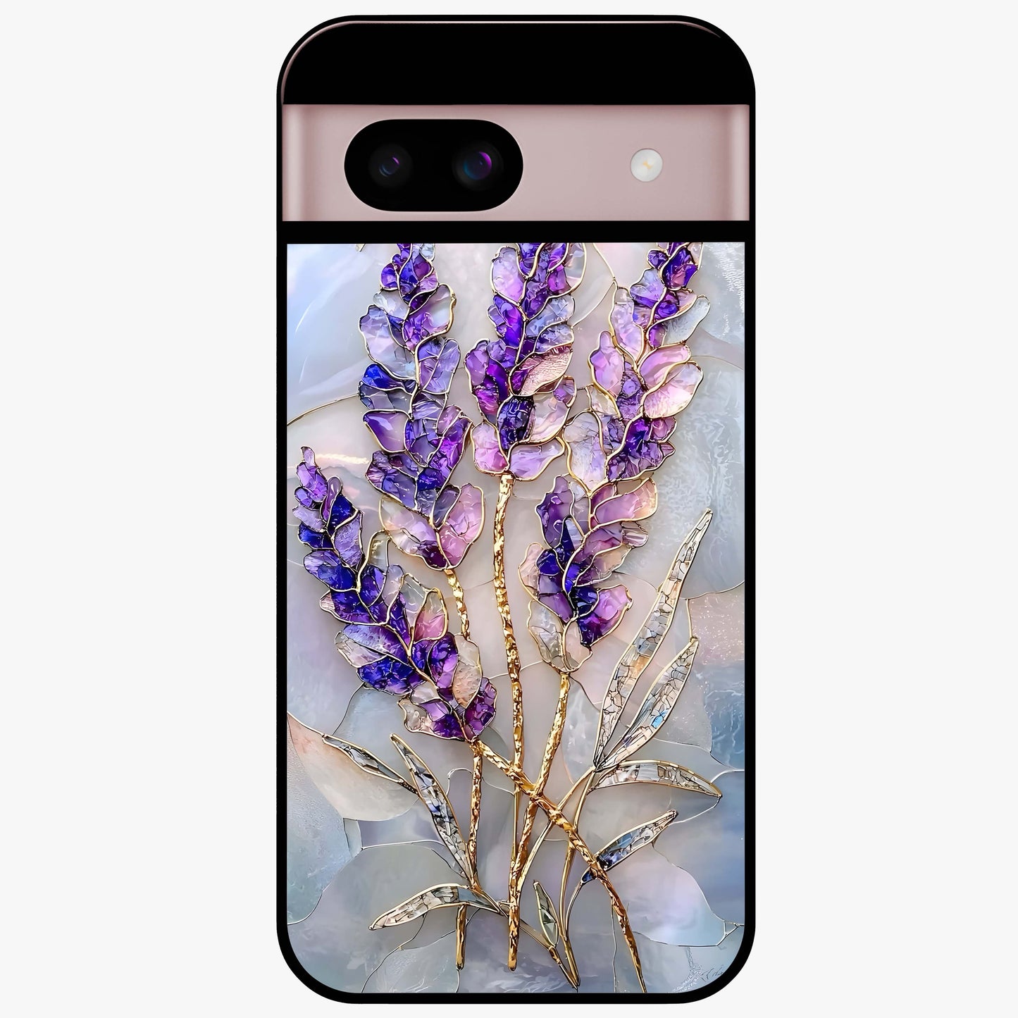 Lavender Dream Glow Glass Case showing flat back view with glowing lavender aesthetic artwork and glossy glass finish.