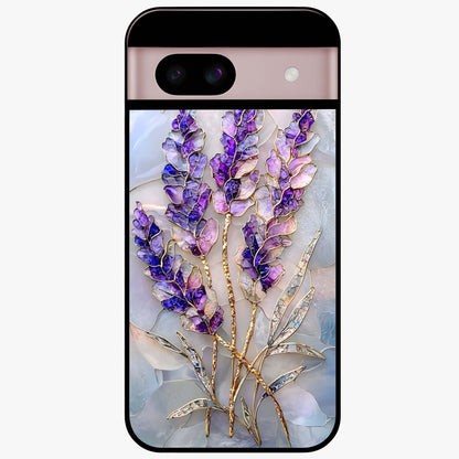 Lavender Dream Glow Glass Case showing flat back view with glowing lavender aesthetic artwork and glossy glass finish.