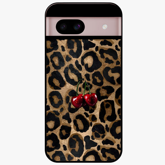 Leopard Wild Cherry Glass Case showing flat back view with leopard pattern and cherry artwork and glossy glass finish.
