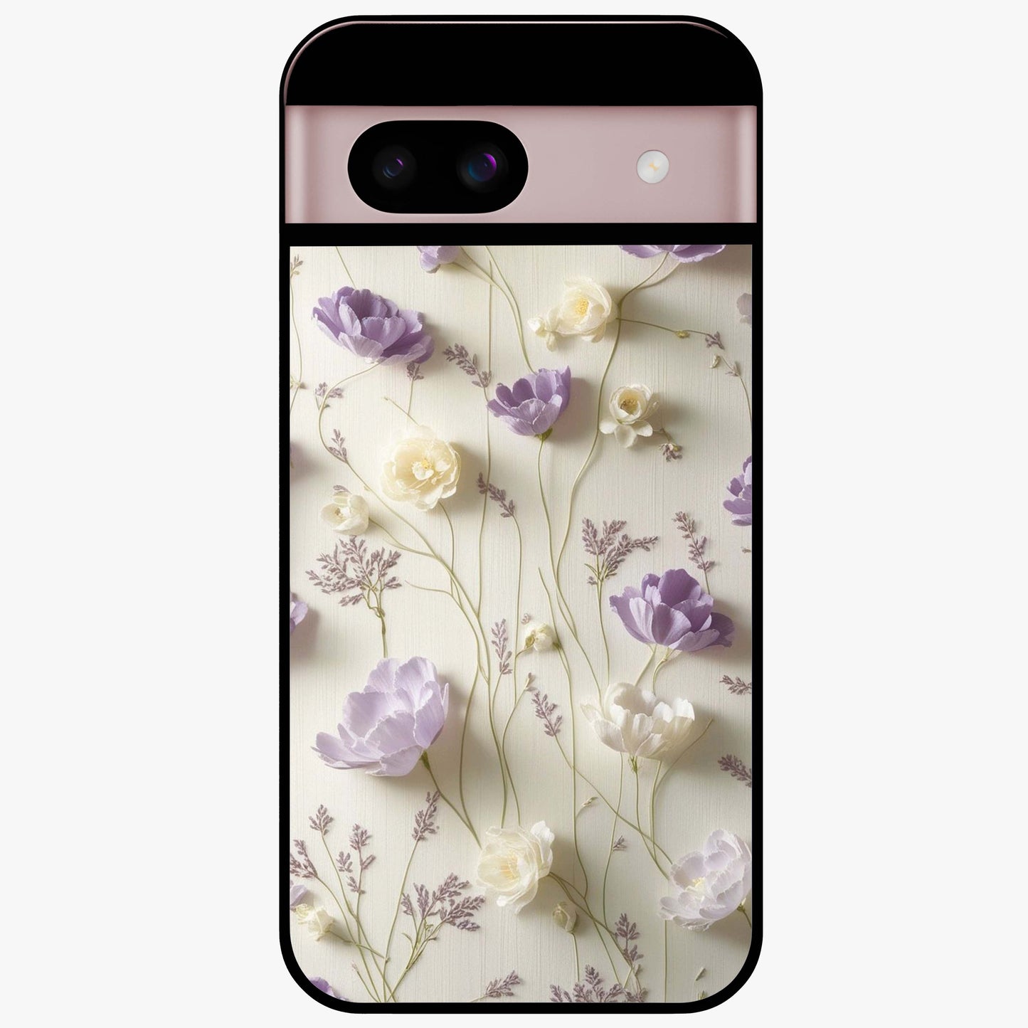 Lilac Breeze Harmony Glass Case showing flat back view with soft lilac themed artwork and glossy glass finish.