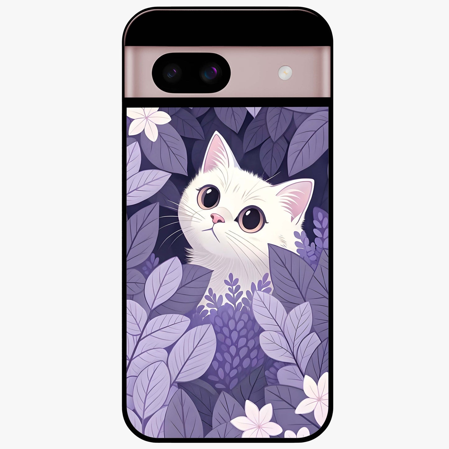 Lilac Hide Peek Cat Glass Case showing flat back view with cute peeking cat artwork and glossy glass finish.