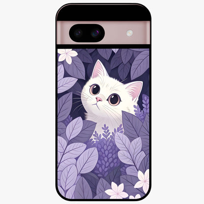 Lilac Hide Peek Cat Glass Case showing flat back view with cute peeking cat artwork and glossy glass finish.