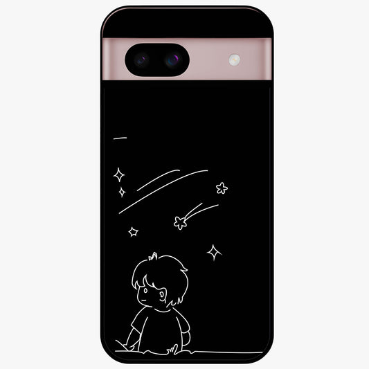 Line Art Boy With Shooting Stars Glass Case showing flat back view with minimal line art boy and shooting stars illustration and glossy glass finish.