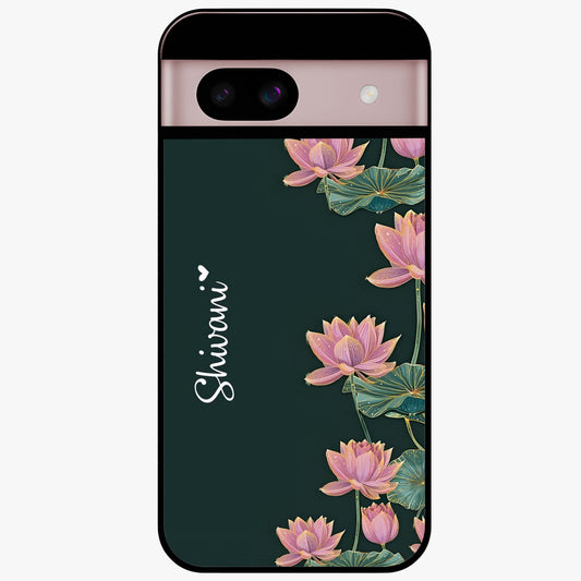 Lotus Bloom Serenity Custom Name Glass Case showing flat back view with elegant lotus flower artwork and personalized name design.