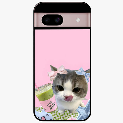 Love Matcha Cat Glass Case showing flat back view with cute cat and matcha themed artwork and glossy glass finish.