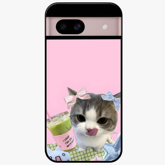 Love Matcha Cat Glass Case showing flat back view with cute cat and matcha themed artwork and glossy glass finish.