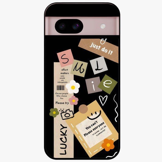 Lucky Aesthetic Collage Glass Case showing flat back view with trendy aesthetic collage artwork and glossy glass finish.